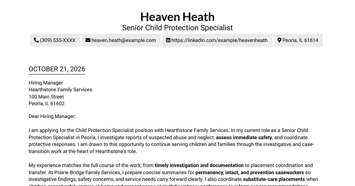 7 Child Protection Specialist - Child Welfare Investigations Cover Letter Templates with Example