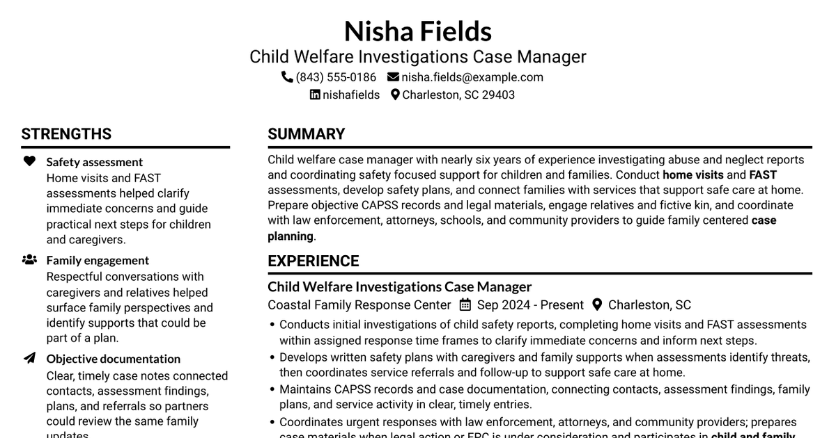 7 Child Welfare Case Manager - Investigations Resume Templates with Example