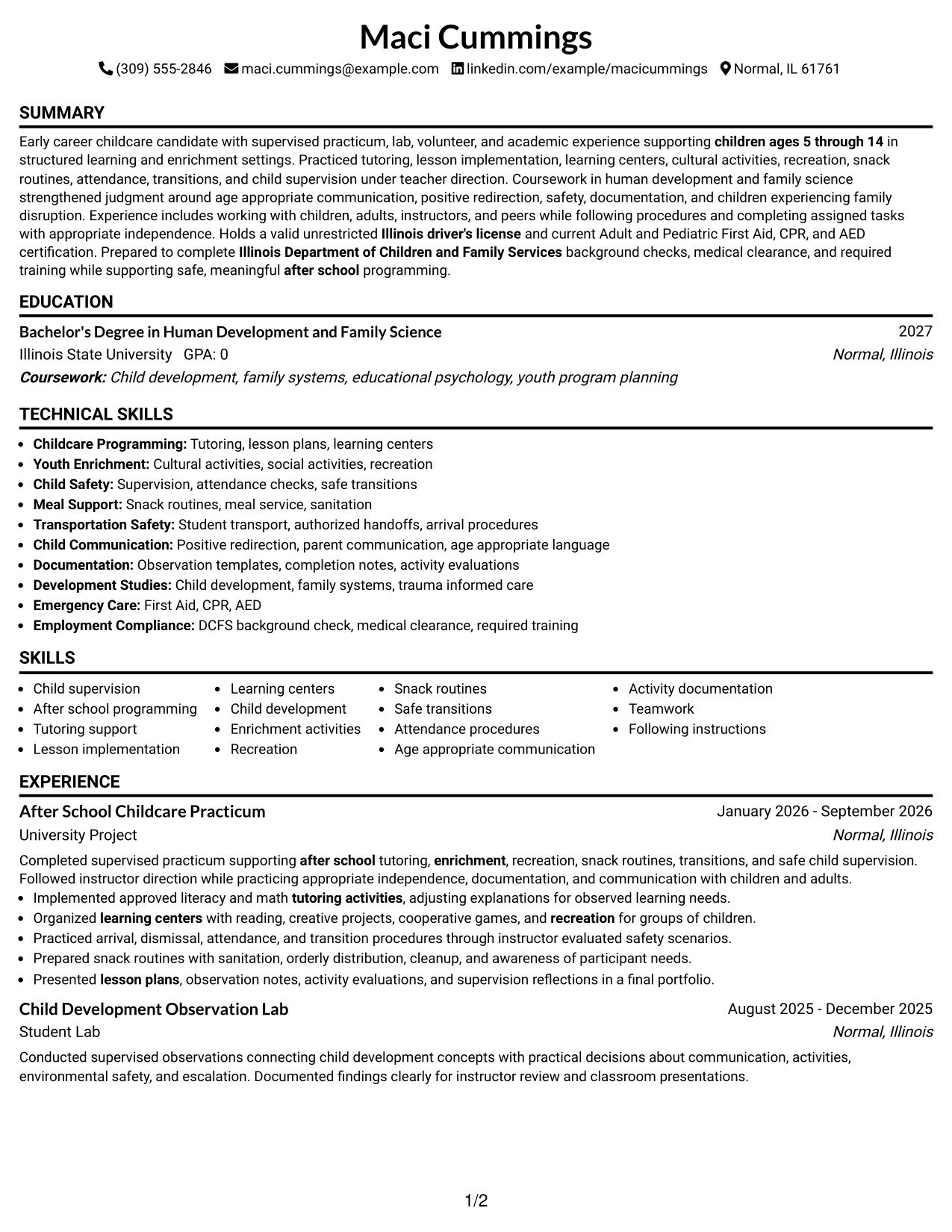 Resume Example Page 1