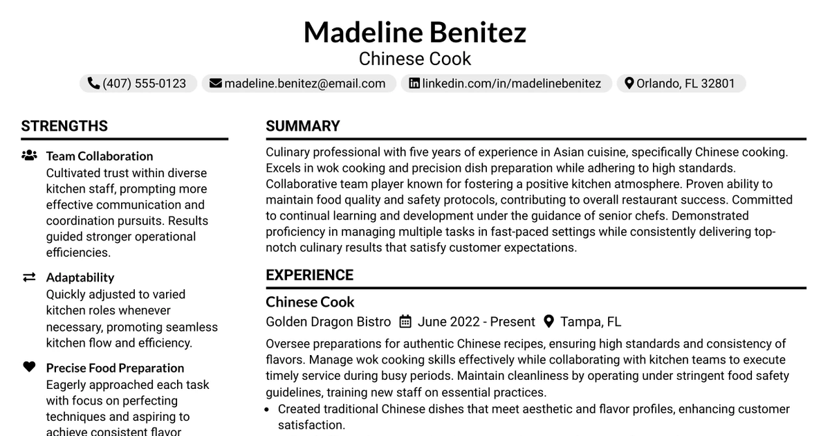 33 Chinese Cook Resume Templates with Example 2026 (ATS-Optimized)