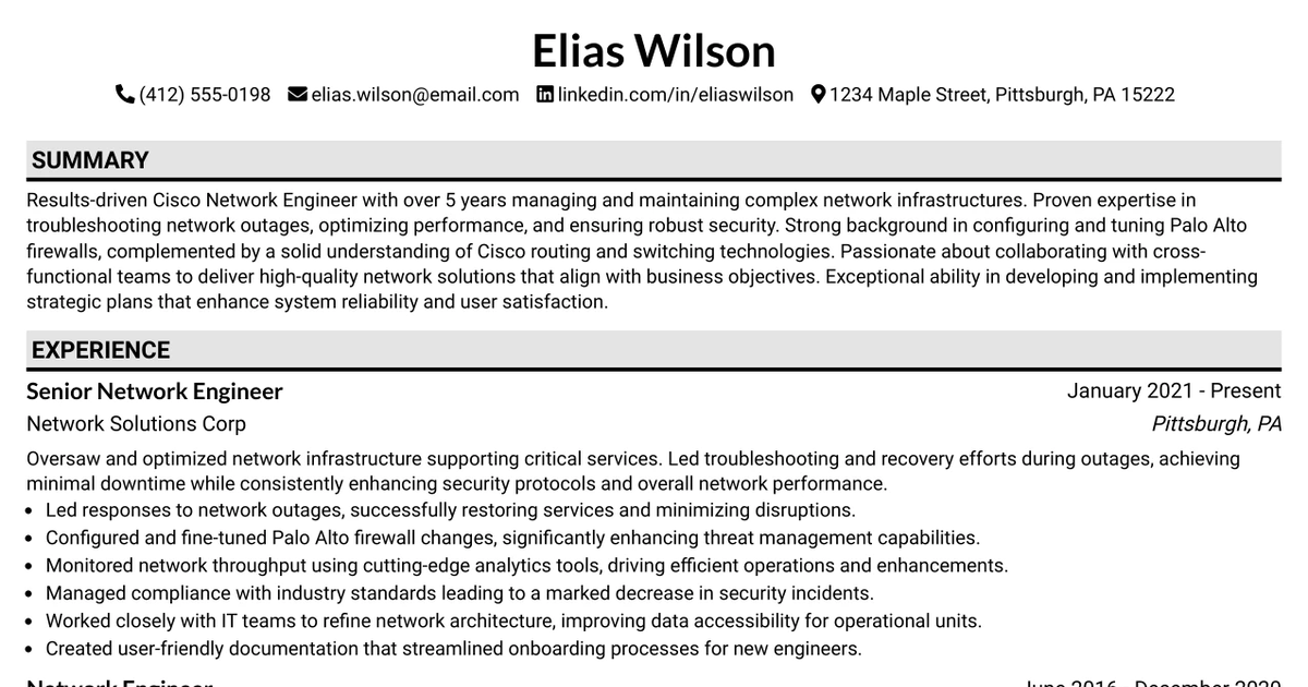 33 Cisco Network Engineer Resume Templates with Example 2026 (ATS-Optimized)