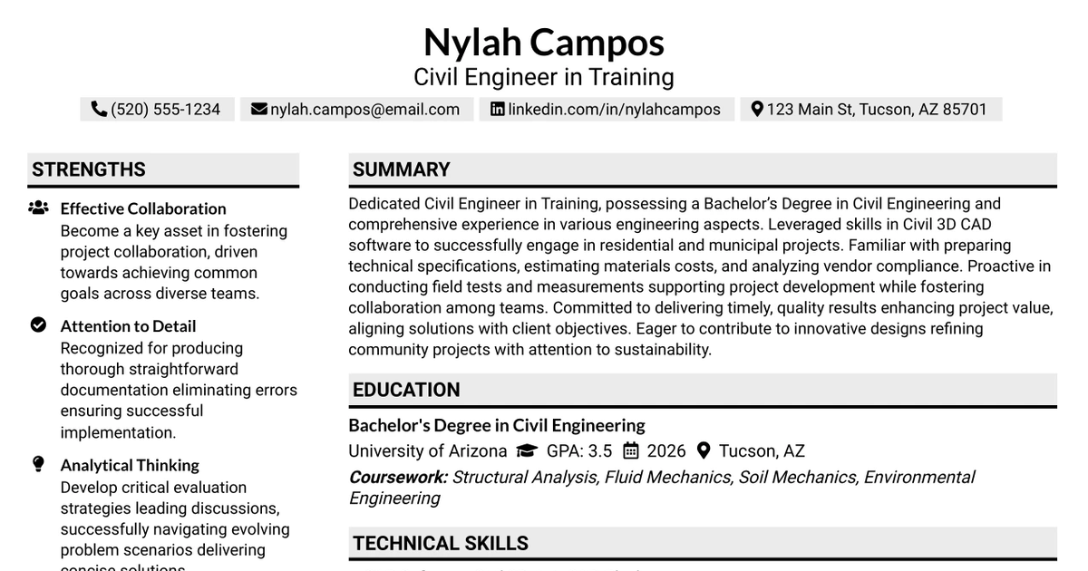 33 Civil Engineer in Training Resume Templates with Example 2026 (ATS-Optimized)