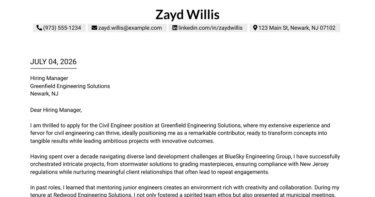 30+ Civil Engineer (PE) Cover Letter Templates with Example 2026