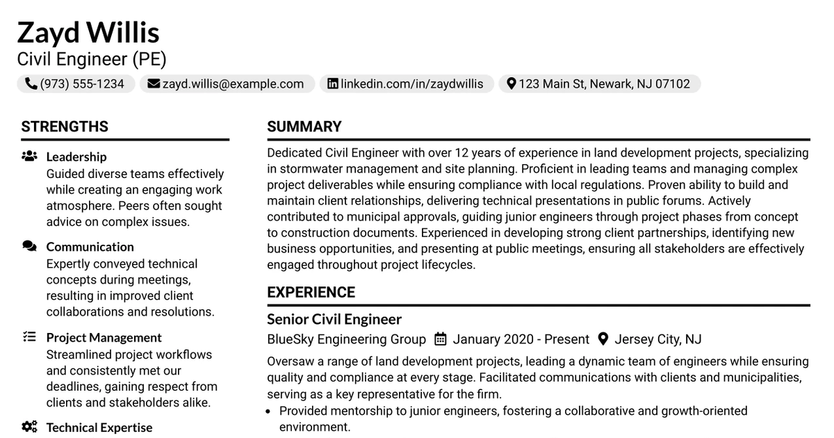 33 Civil Engineer (PE) Resume Templates with Example 2026 (ATS-Optimized)