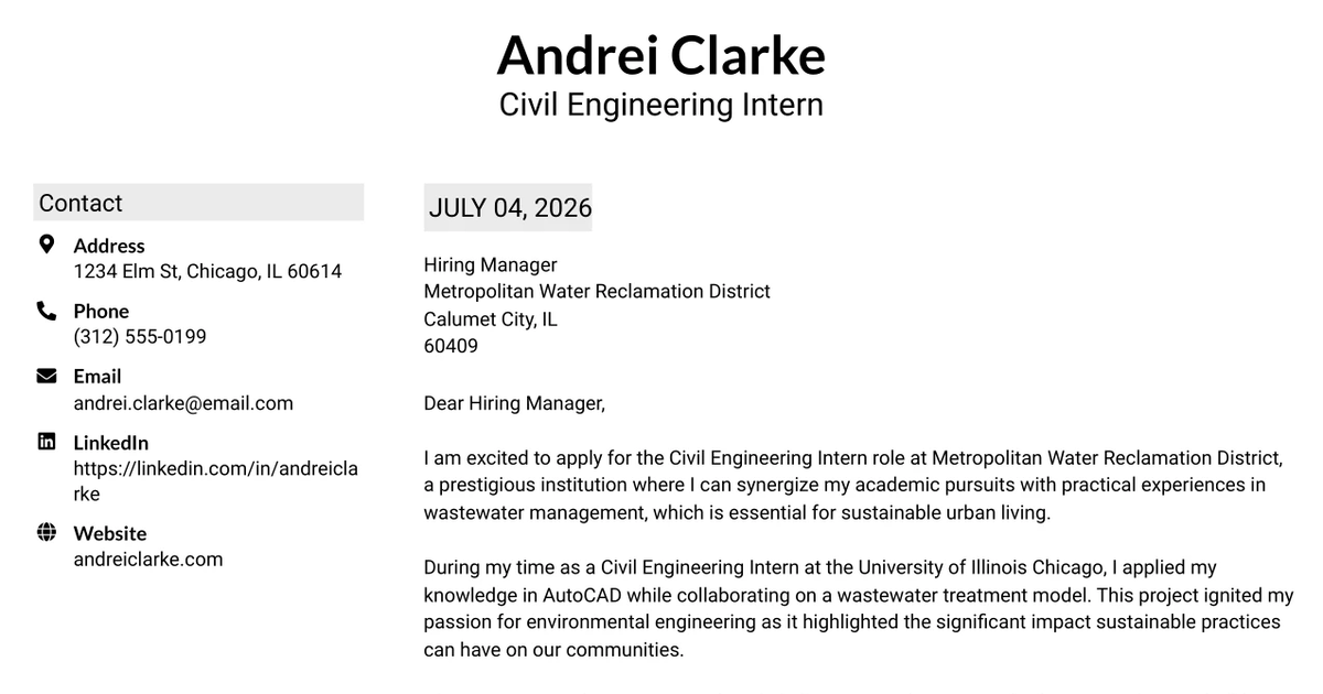 30+ Civil Engineering Intern Cover Letter Templates with Example 2026