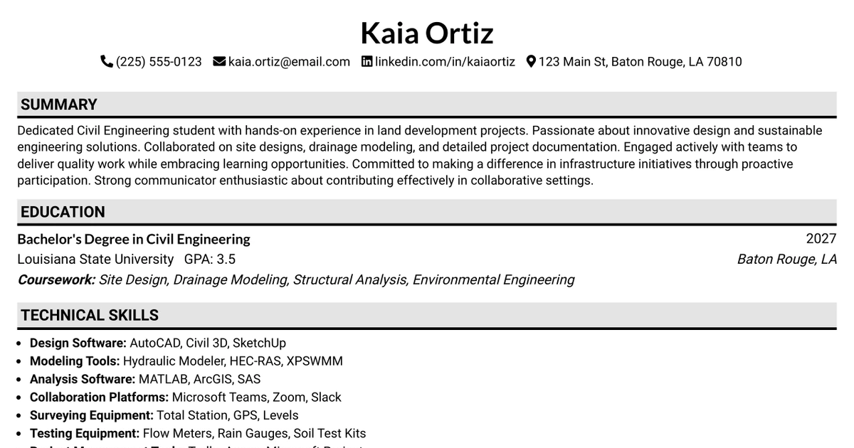 33 Civil Engineering Intern - Land Development Resume Templates with Example 2026 (ATS-Optimized)