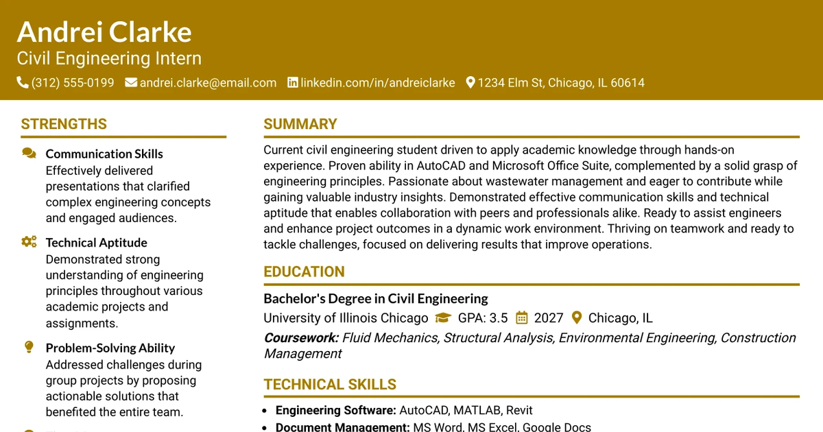 33 Civil Engineering Intern Resume Templates with Example 2026 (ATS-Optimized)