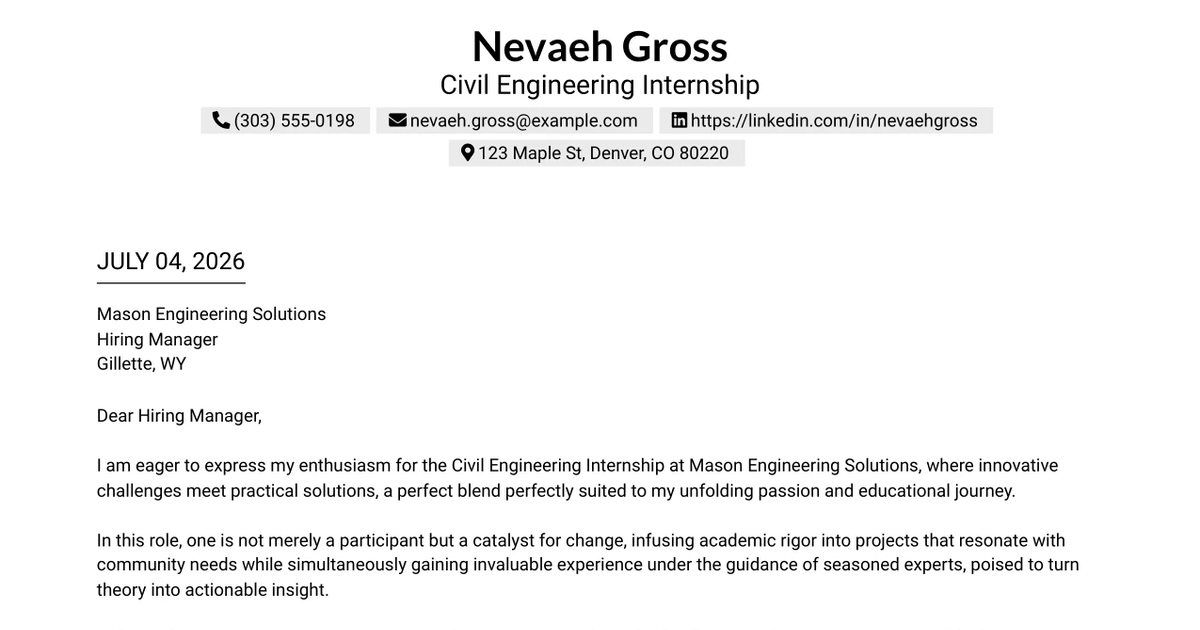 30+ Civil Engineering Internship Cover Letter Templates with Example 2026
