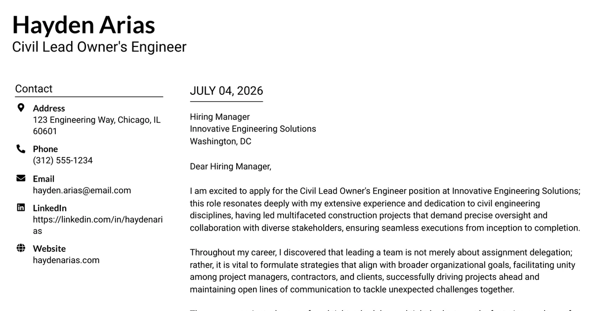 30+ Civil Lead Owner's Engineer Cover Letter Templates with Example 2026