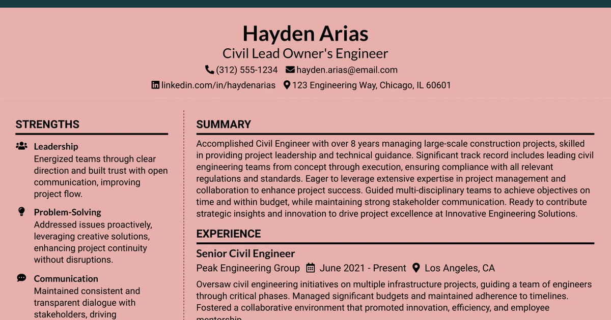 33 Civil Lead Owner's Engineer Resume Templates with Example 2026 (ATS-Optimized)