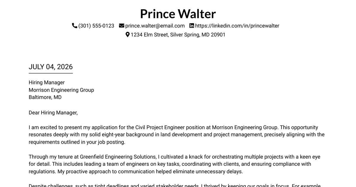 30+ Civil Project Engineer Cover Letter Templates with Example 2026