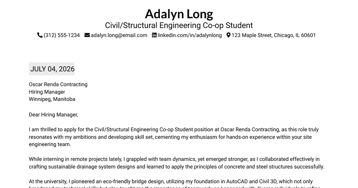 30+ Civil/Structural Engineering Co-op Student Cover Letter Templates with Example 2026