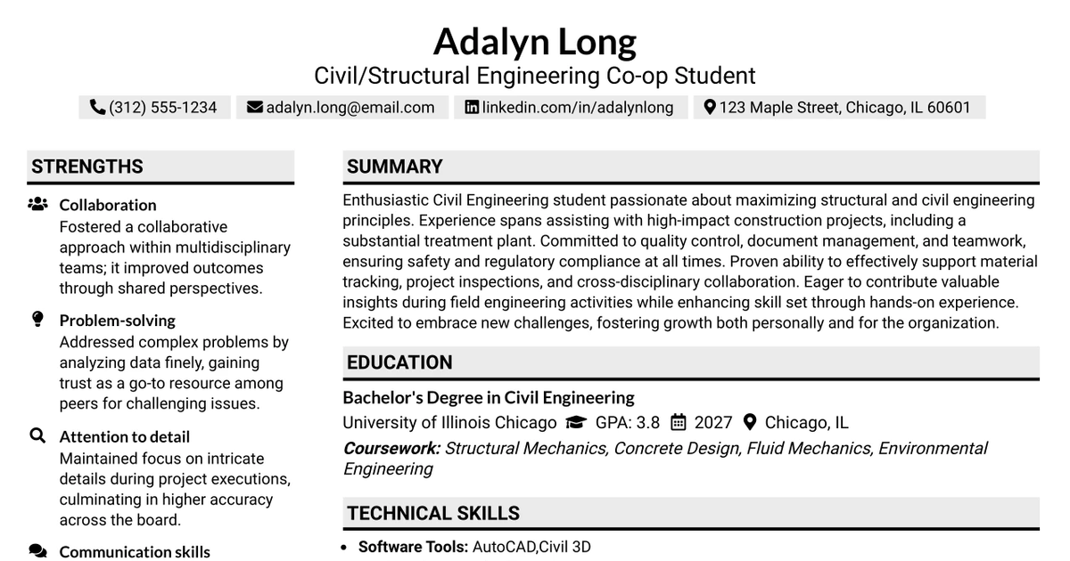 33 Civil/Structural Engineering Co-op Student Resume Templates with Example 2026