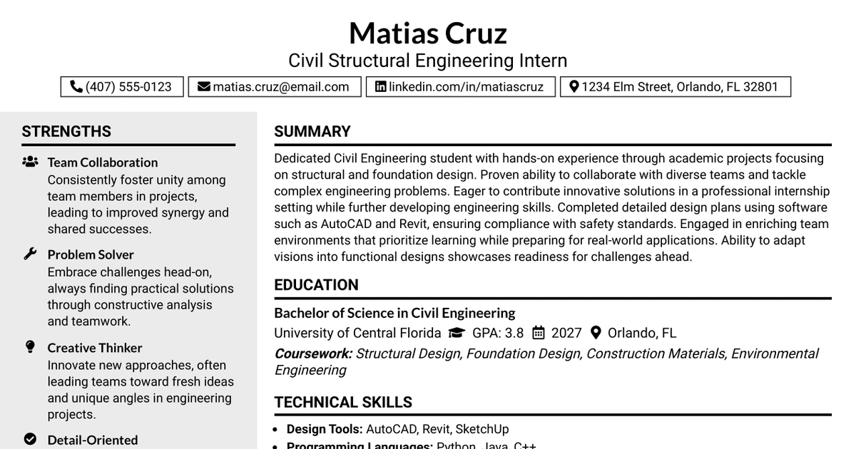 33 Civil Structural Engineering Intern Resume Templates with Example 2026 (ATS-Optimized)