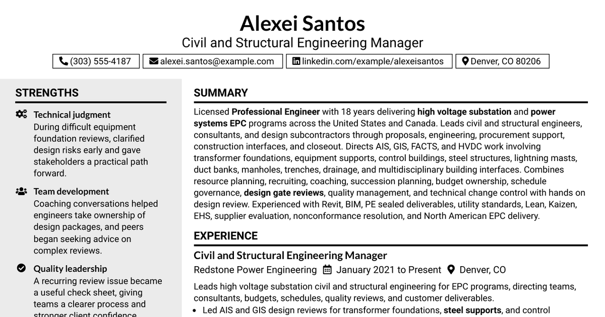 7 Civil/Structural Engineering Manager - Electrical Substations Resume Templates with Example