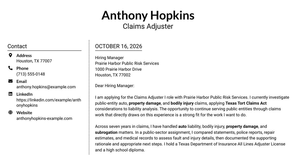 7 Claims Adjuster I - Auto and Liability Claims Cover Letter Templates with Example