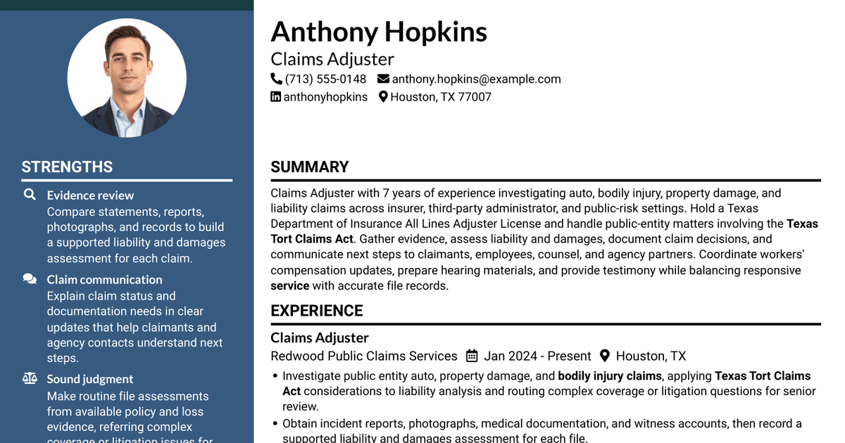 7 Claims Adjuster I - Auto and Liability Claims Resume Templates with Example
