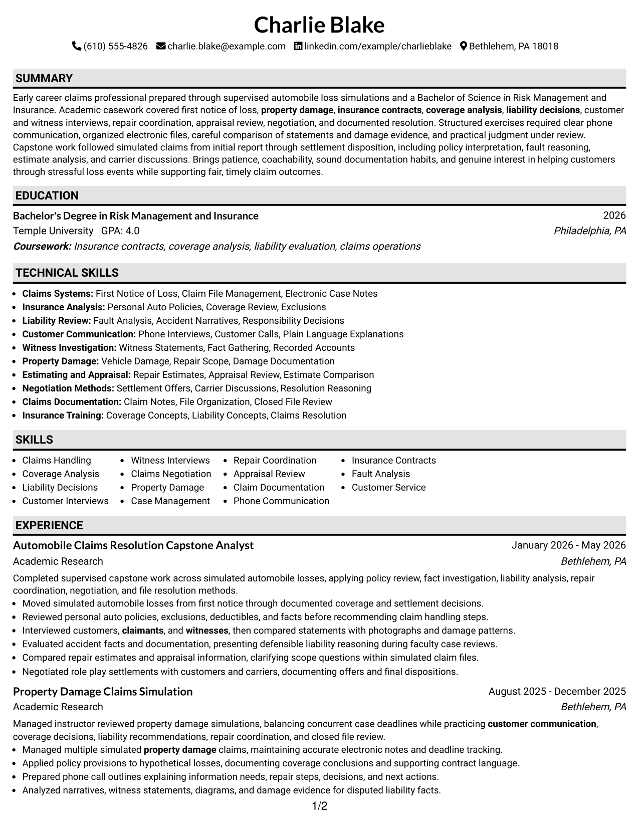 Resume Example Page 1