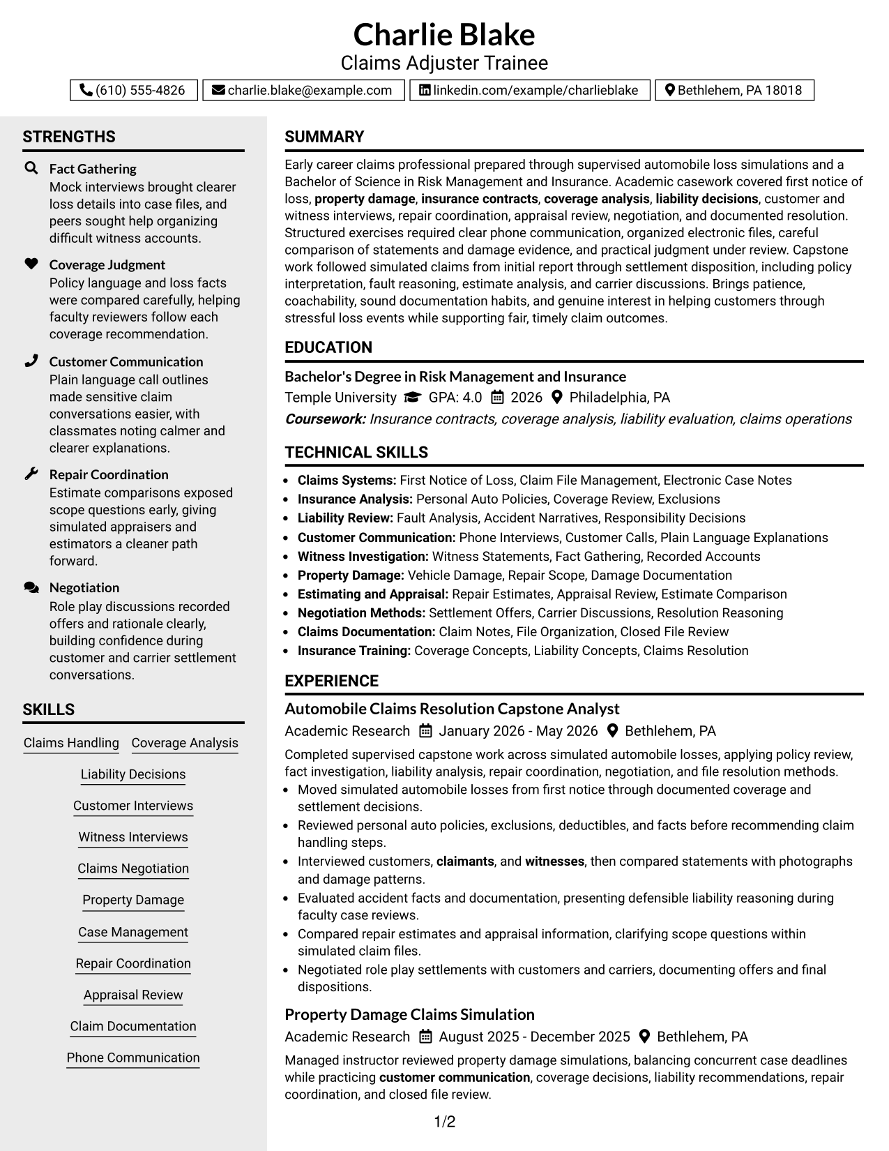 Resume Example Page 1