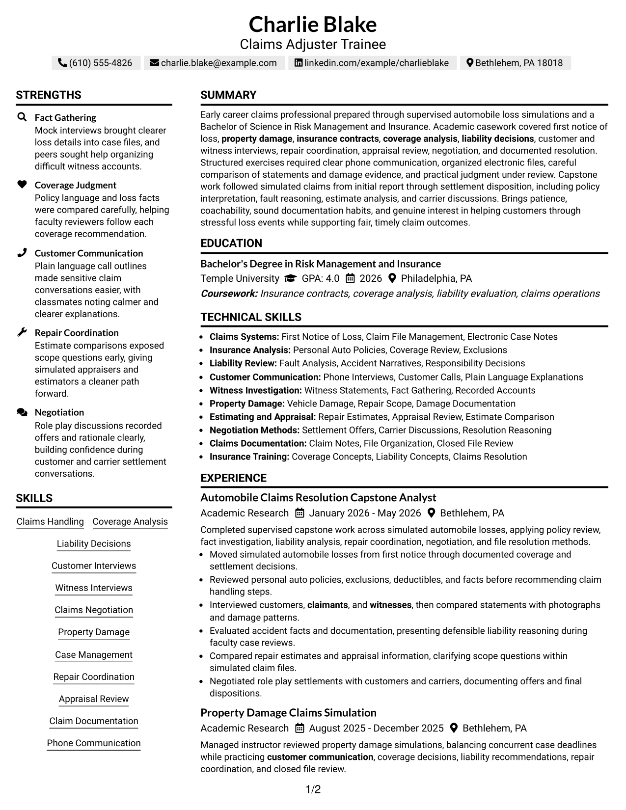 Resume Example Page 1