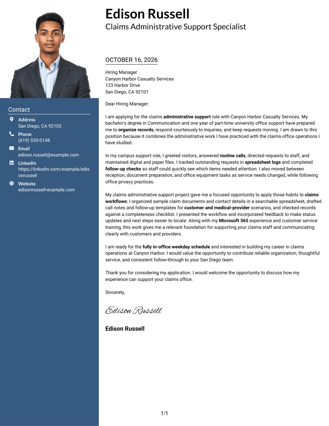Cover letter example — page 1