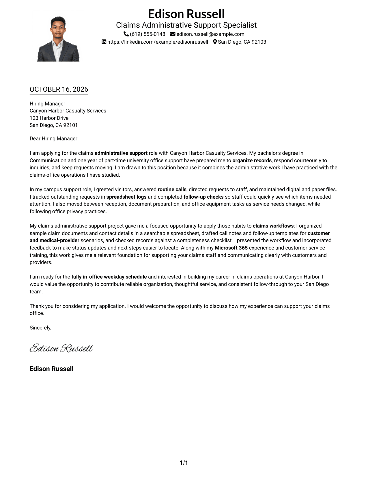 Cover letter example — page 1