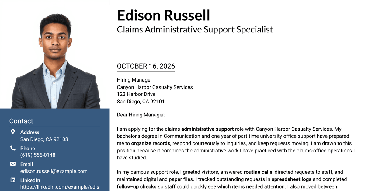 7 Claims Administrative Support Specialist Cover Letter Templates with Example