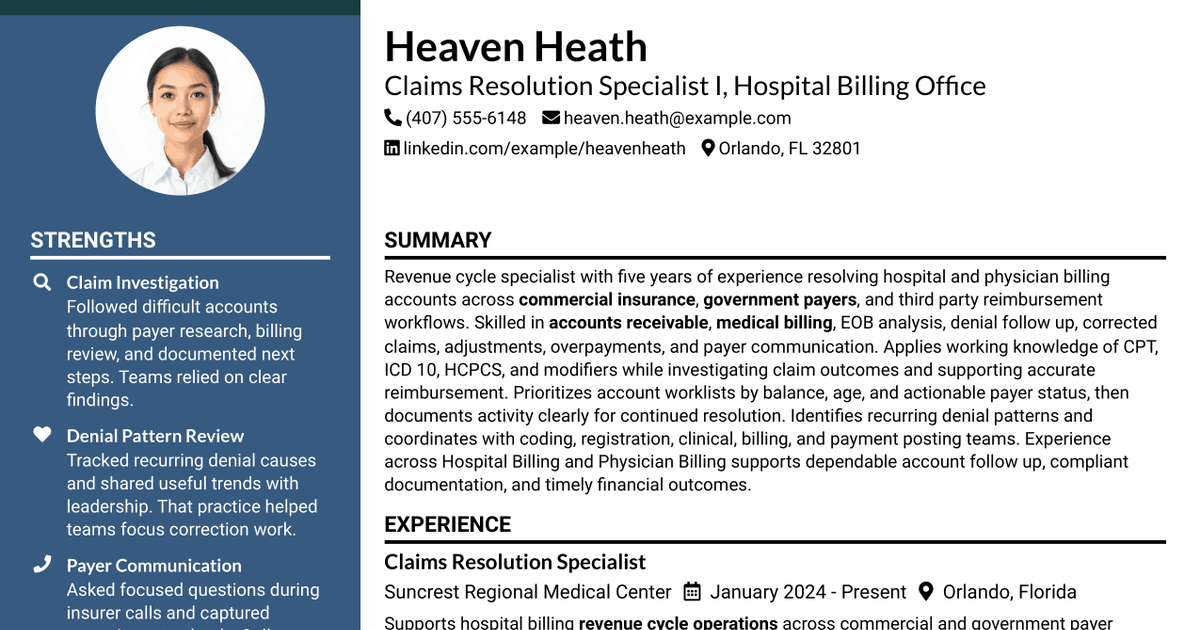 7 Claims Resolution Specialist I - Hospital Billing Office Resume Templates with Example