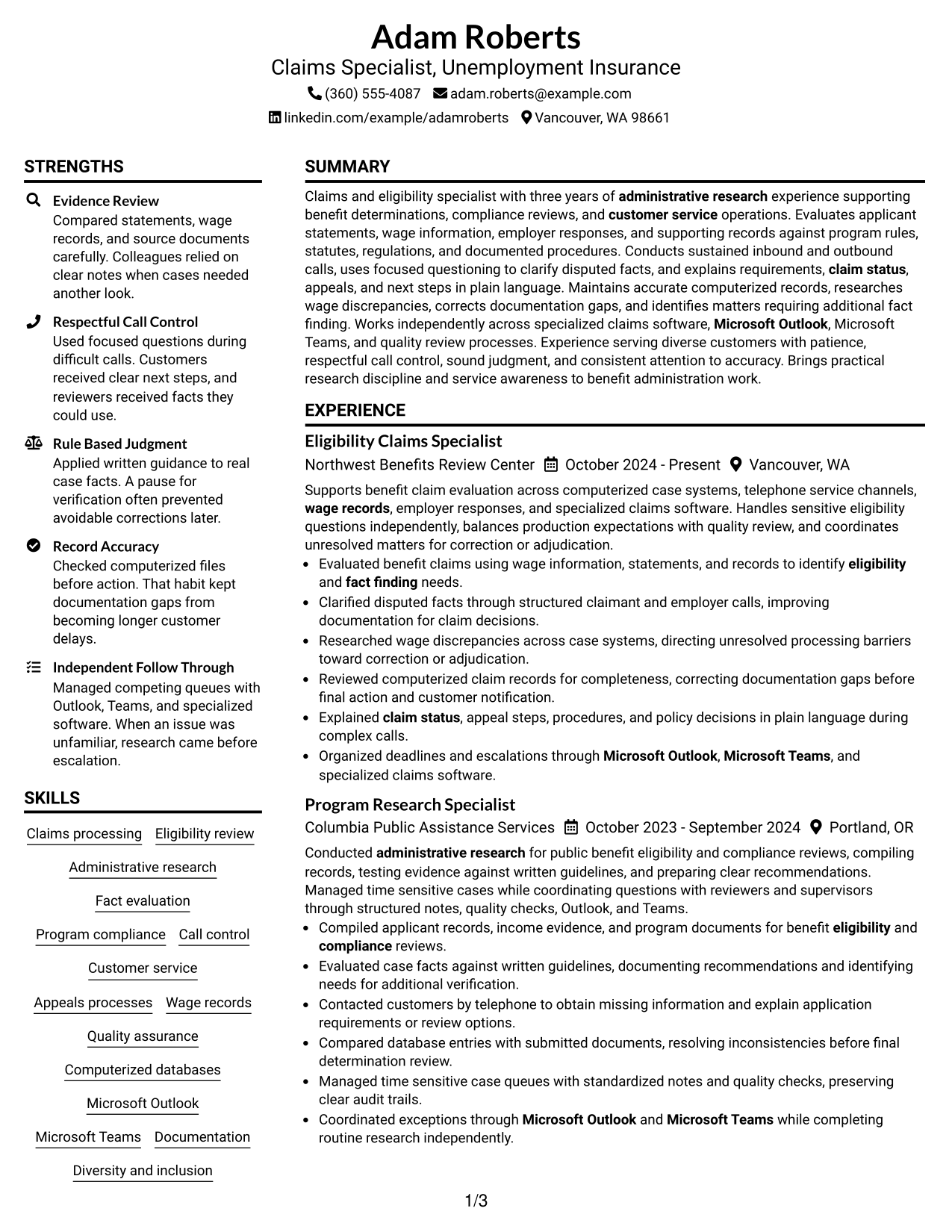 Resume Example Page 1