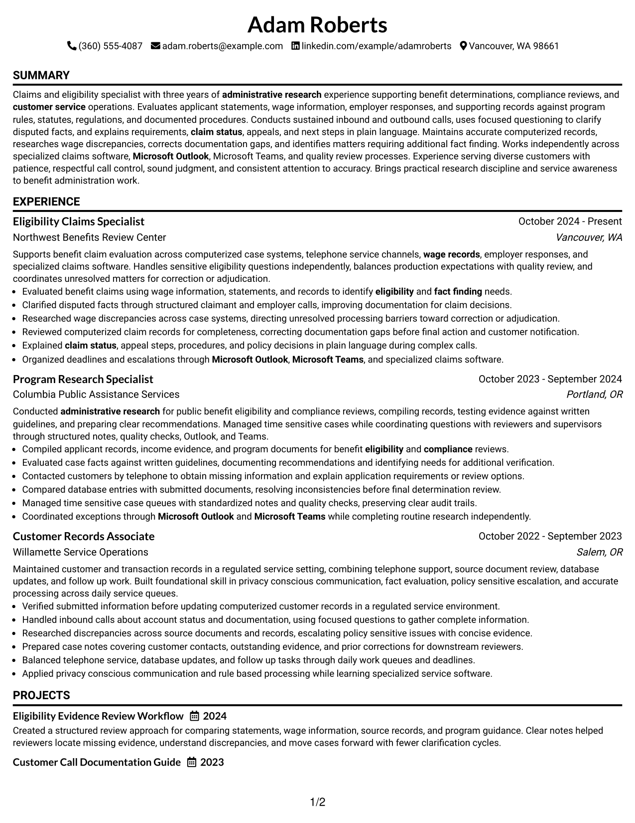 Resume Example Page 1