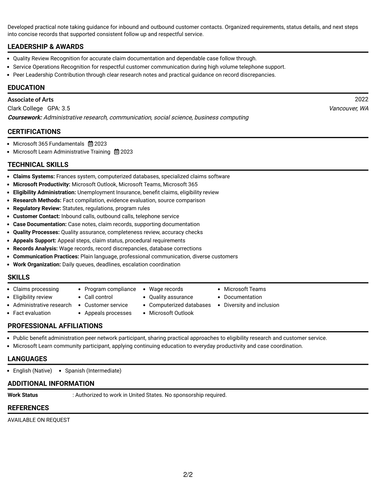 Resume Example Page 2