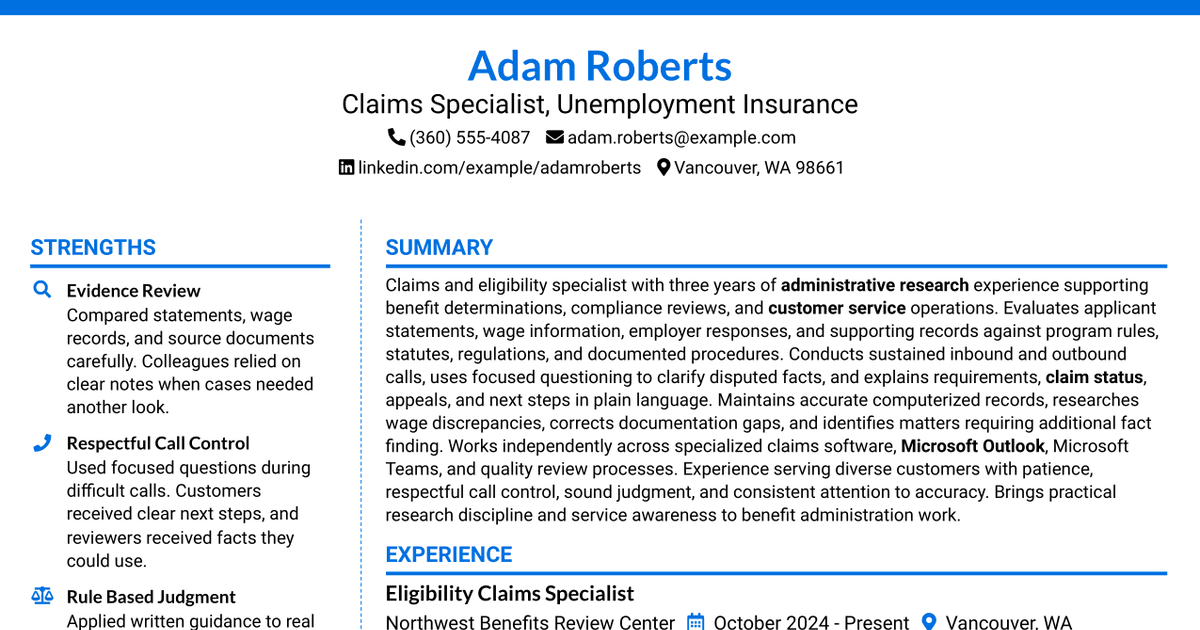 7 Claims Specialist - Unemployment Insurance Resume Templates with Example