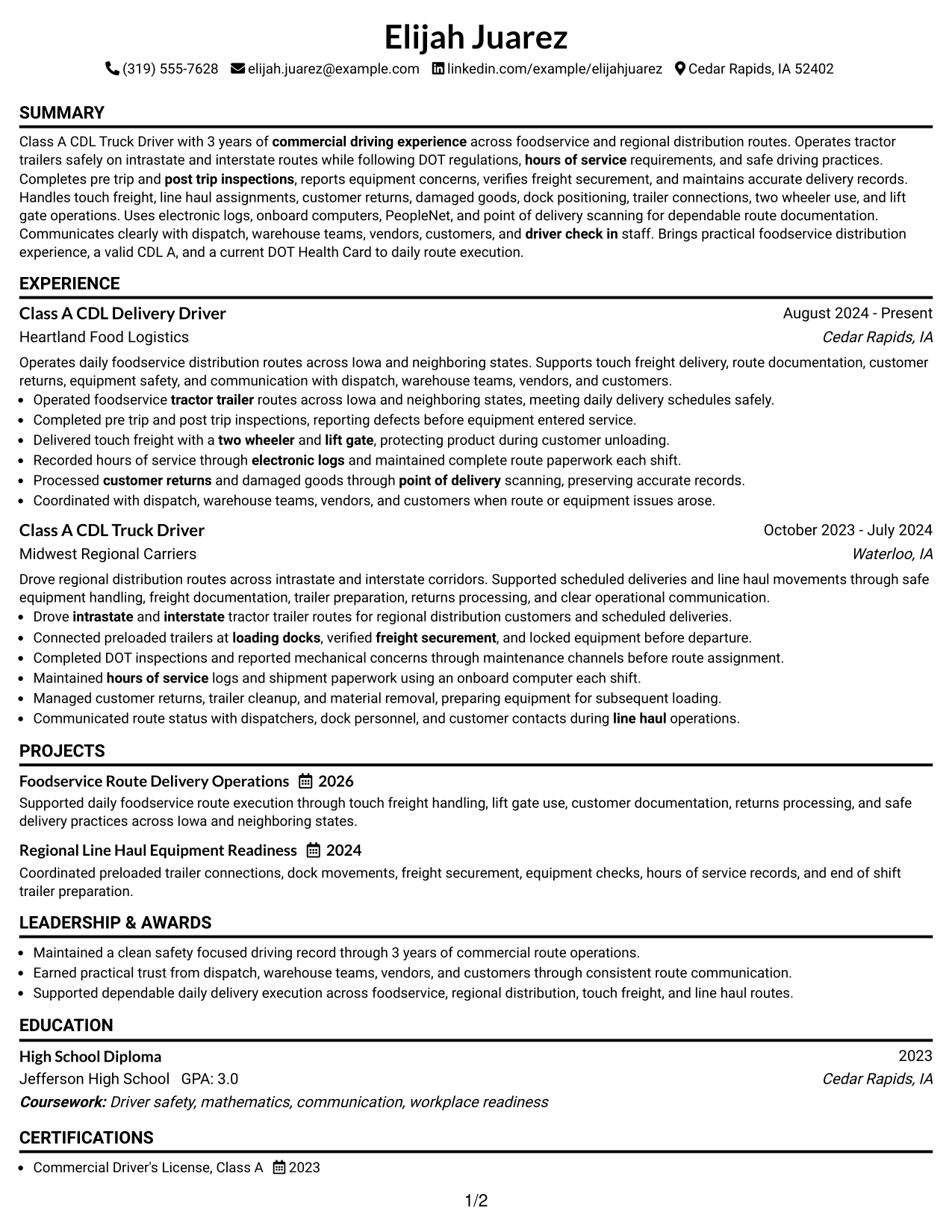Resume Example Page 1