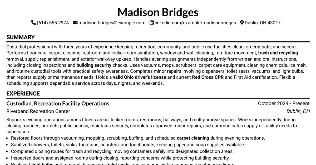 7 Cleaner / Custodian Resume Templates with Example