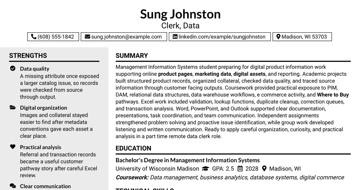 7 Clerk, Data - Digital Product Information Resume Templates with Example