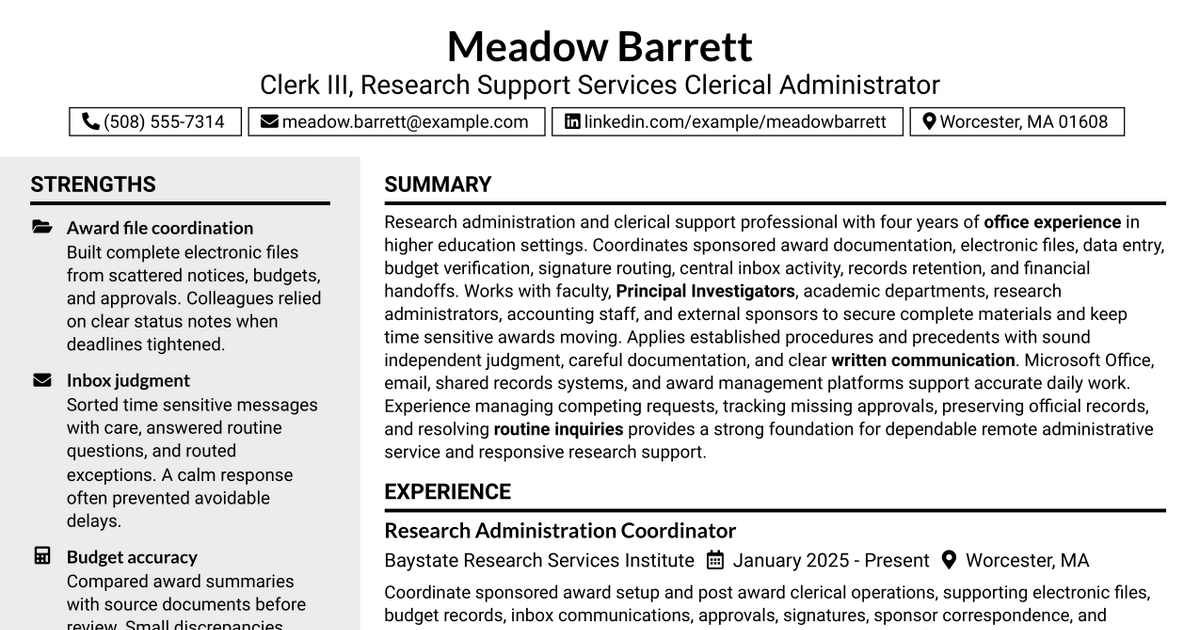 7 Clerk III - Research Support Services Clerical Administrator Resume Templates with Example