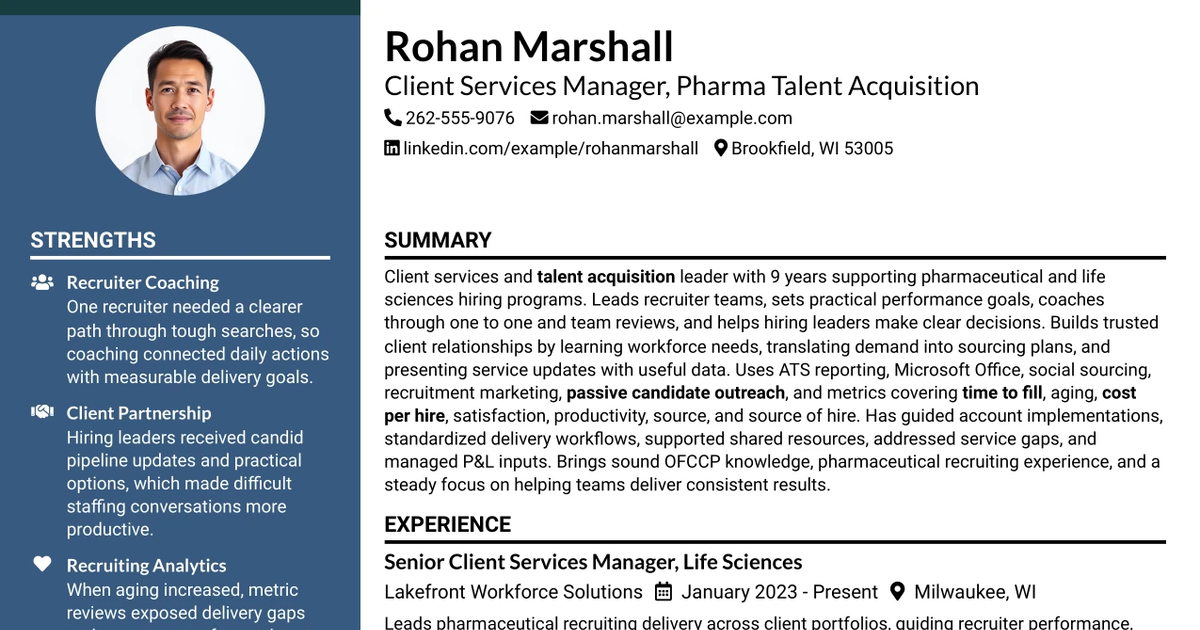 33 Client Services Manager - Pharma Talent Acquisition Resume Templates with Example 2026 (ATS-Optimized)