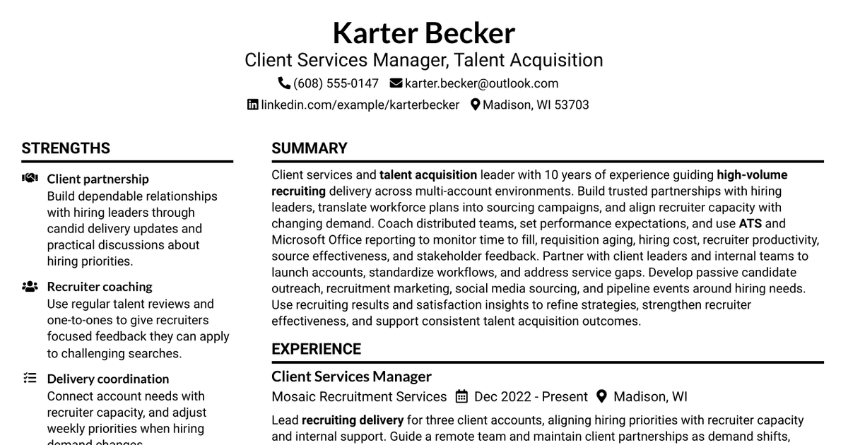 7 Client Services Manager - Talent Acquisition Resume Templates with Example