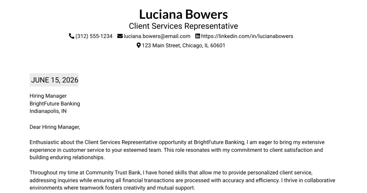 30+ Client Services Representative Cover Letter Templates with Example 2026