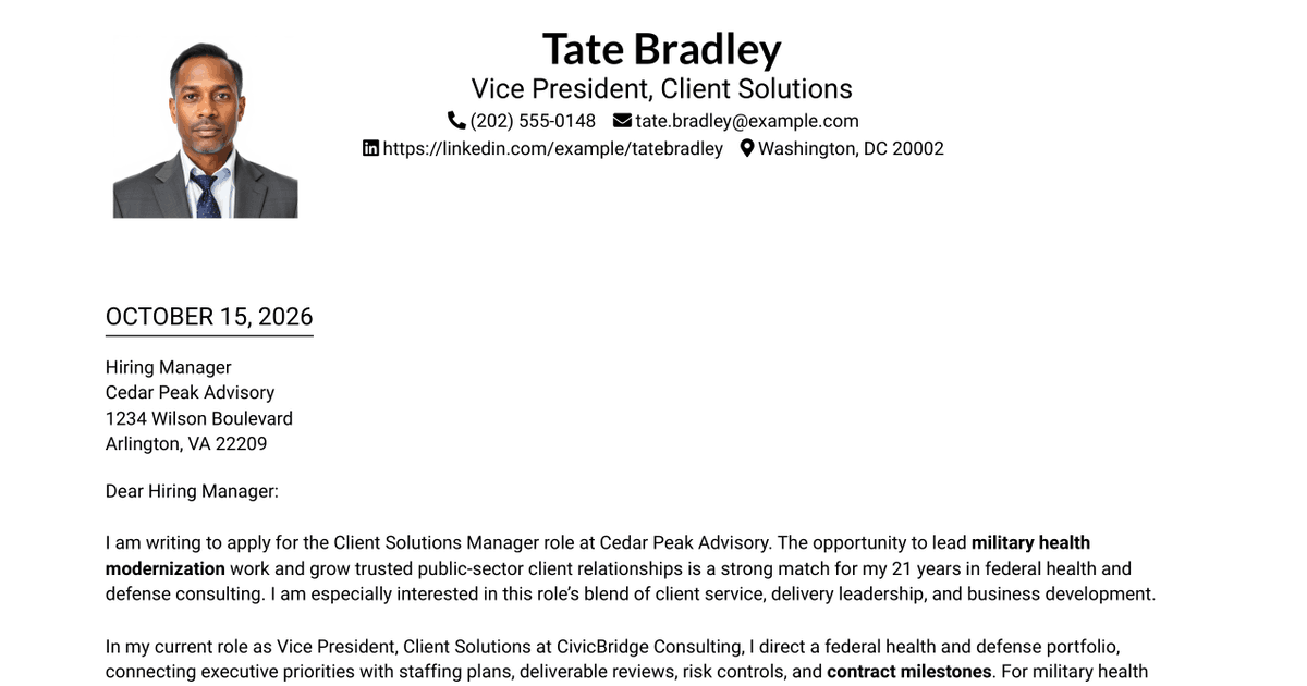 7 Client Solutions Manager - Military Health Modernization Cover Letter Templates with Example