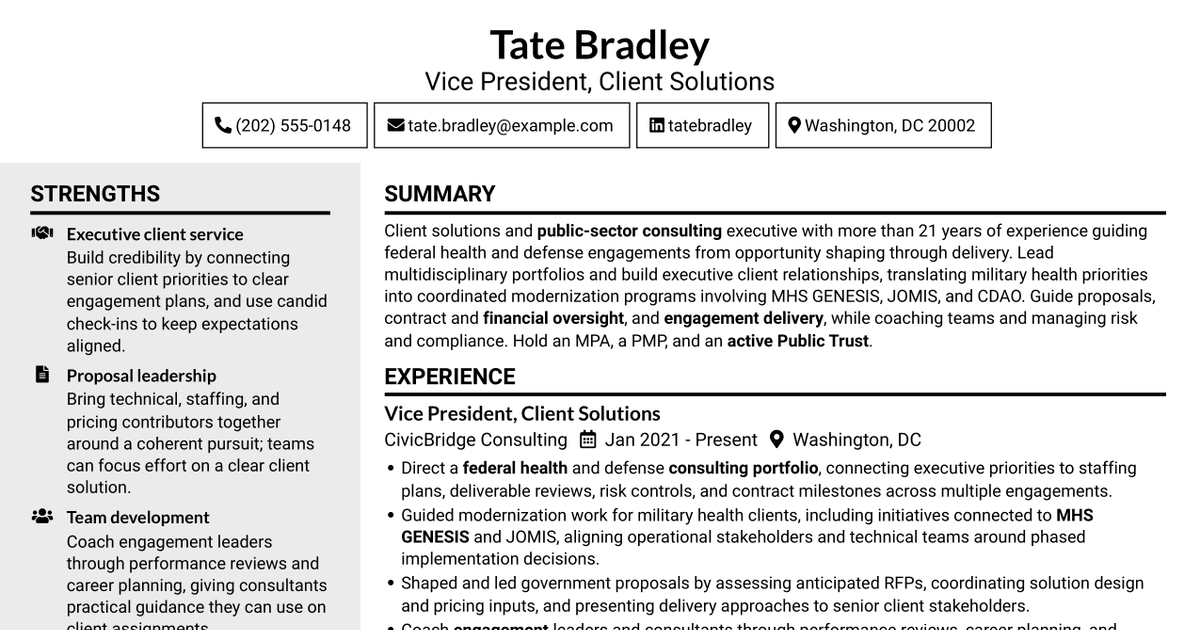 7 Client Solutions Manager - Military Health Modernization Resume Templates with Example