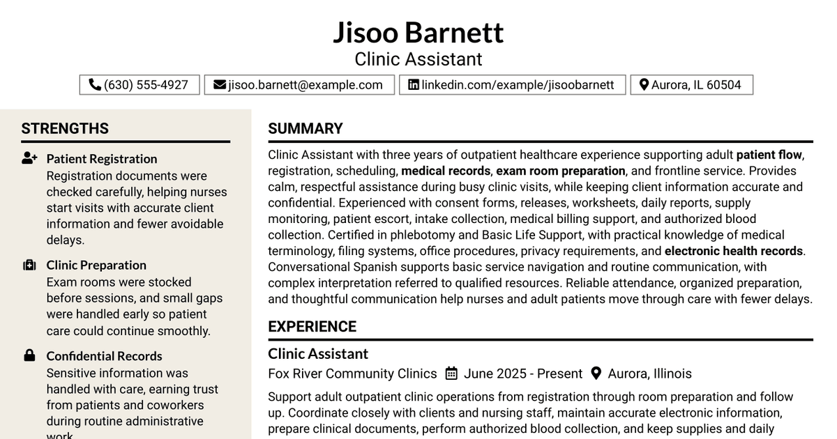 7 Clinic Assistant Resume Templates with Example