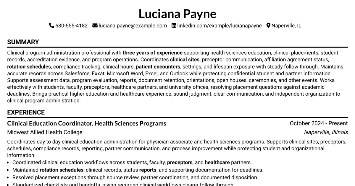 7 Clinical Administrative Coordinator - PA Program Resume Templates with Example