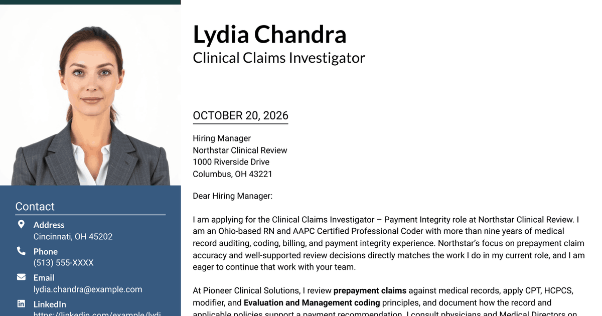 7 Clinical Claims Investigator - Payment Integrity Cover Letter Templates with Example