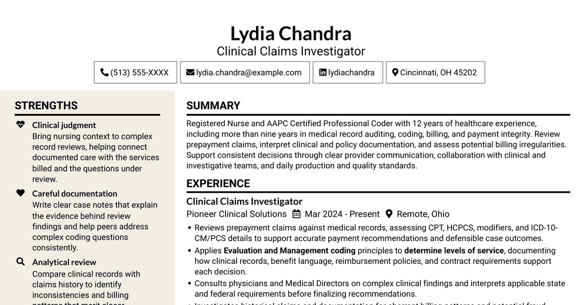 7 Clinical Claims Investigator - Payment Integrity Resume Templates with Example
