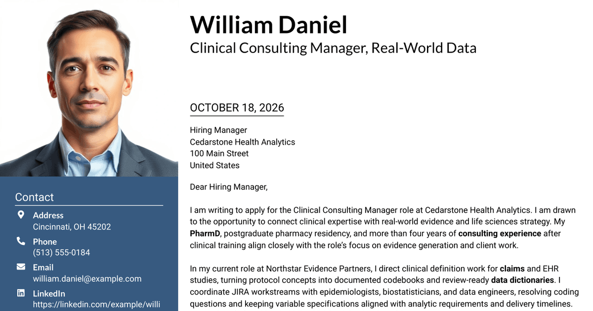 7 Clinical Consulting Manager - Real-World Data & Evidence Cover Letter Templates with Example