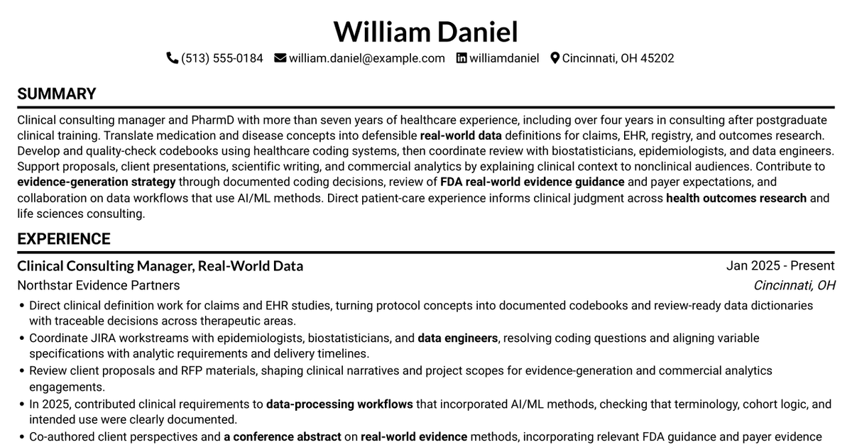 7 Clinical Consulting Manager - Real-World Data & Evidence Resume Templates with Example
