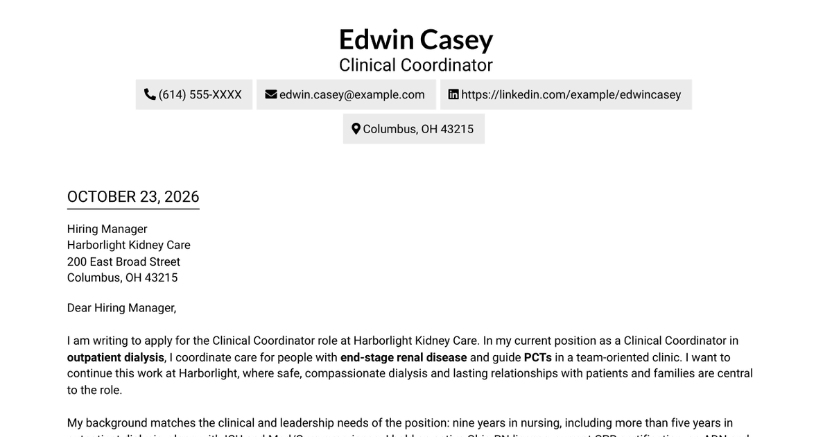 7 Clinical Coordinator - Outpatient Dialysis Cover Letter Templates with Example