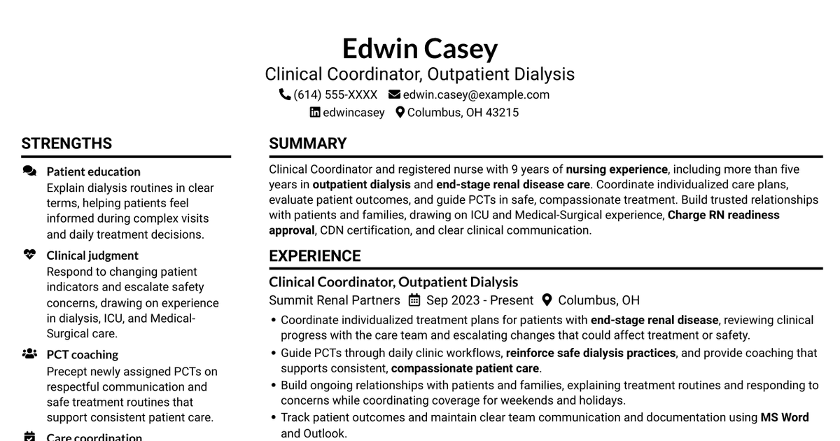 7 Clinical Coordinator - Outpatient Dialysis Resume Templates with Example