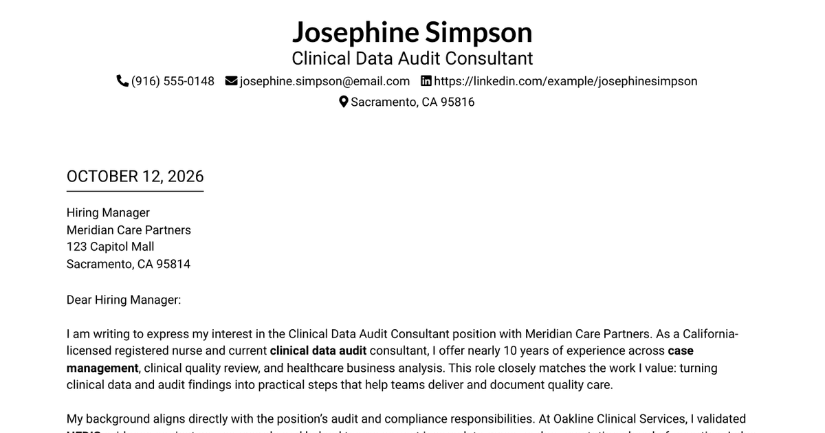 7 Clinical Data Audit Consultant Cover Letter Templates with Example
